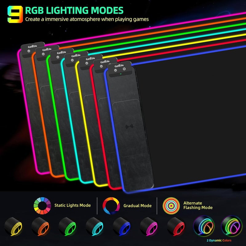 ExtreLife وسادة ماوس مع شحن لاسلكي، وسادة ألعاب RGB، سجادة مكتب كبيرة بسطح فائق السلاسة، وسادة ماوس غير قابلة للانزلاق، وسادة لوحة مفاتيح كمبيوتر مقاومة للماء مع محول طاقة QC بقوة 18 واط، 800x400x4 مم، أسود - Image 4